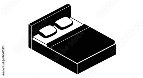 Isometric view of a comfortable bed with pillows and blanket.