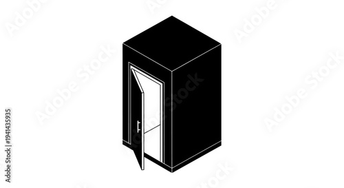 Isometric View of a Dark, Rectangular Box with an Open Door.