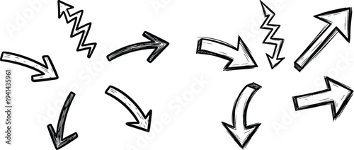 A collection of black arrows and zigzag lines on a white background pointing in various directions