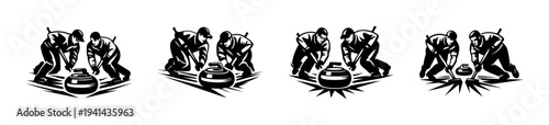 Silhouette vector illustration of workers curling sports activity black and white