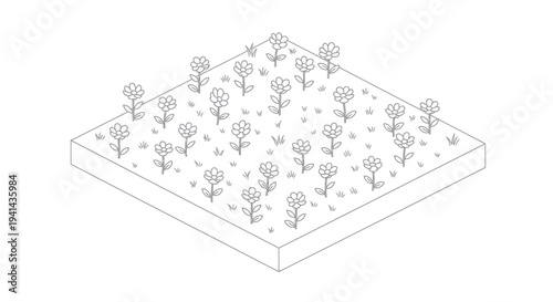 Isometric view of a flower bed with many blooming flowers.