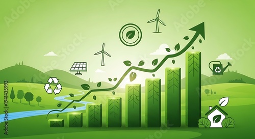 Green energy growth chart illustrates increasing environmental sustainability trends across nature landscapes