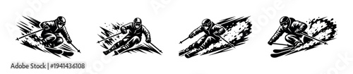Dynamic skiing silhouette vector illustration set featuring skiers in action