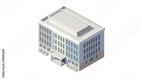 Isometric View of a Modern Office Building with Multiple Floors.