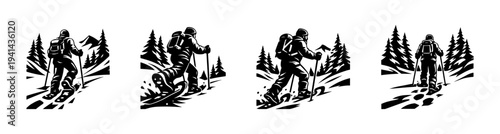 Winter hiking adventure silhouettes with trees snowshoes and backpackers vector set