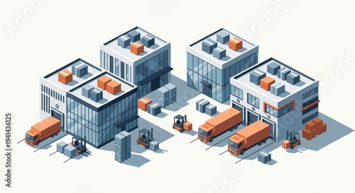 Isometric view of a modern logistics and distribution center with trucks and forklifts.