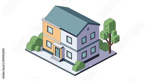 Isometric View of a Modern Two-Story House with Lush Greenery.