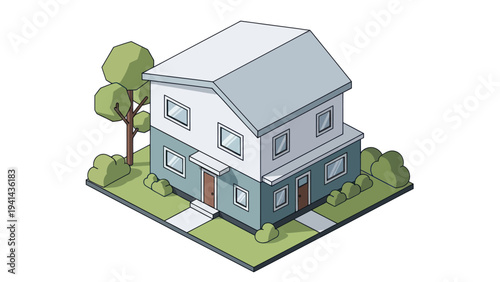 Isometric View of a Modern Two-Story House with Lush Greenery.