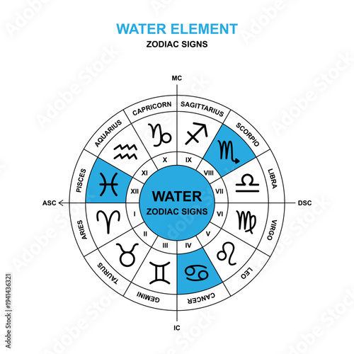 Water Zodiac Signs Wheel –  Cancer, Scorpio, Pisces. Astrology Chart. Vector illustration.
