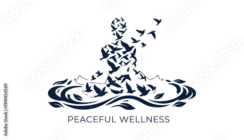 A peaceful wellness logo with a person surrounded by birds and water