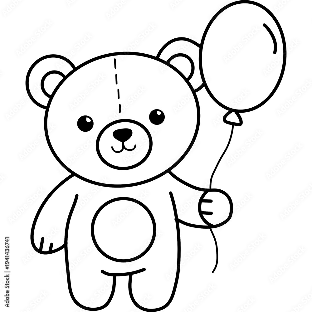 Obraz premium Cute Line Art Teddy Bear Holding A Balloon White Background Celebration Fun
