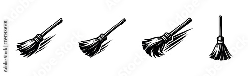 Broomstick vector illustration set in black and white silhouette style