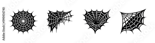 Set of four black and white spider web vector illustrations