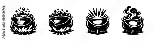 Four black and white cauldron illustrations with bubbling and smoking effects