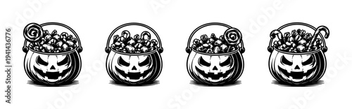 Halloween pumpkin buckets with candy vector illustrations, black and white clipart set