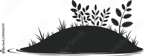 Small island silhouette with grass and plants growing on mound, natural landscape illustration with water reflection, minimalist nature design isolated on white background