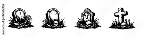 Vector illustrations of grave tombstones with skulls and candles in black and white