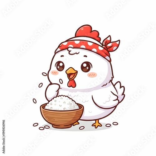 Adorable White Chicken Character Eating a Bowl of Steamed Rice