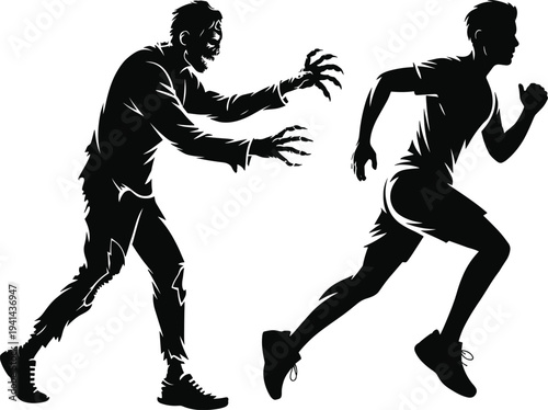 Zombie chasing running man silhouette concept, horror scene with undead monster pursuing frightened person, spooky Halloween danger illustration isolated on white background