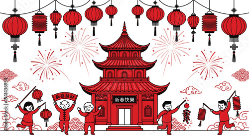 Flat vector illustration of Chinese New Year celebration, pagoda with lanterns, fireworks, prosperity banner, festive cultural artwork, traditional design