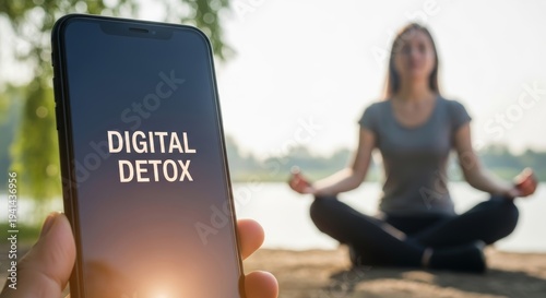Lakeside meditation with smartphone displaying digital detox text for outdoor wellness background and guided mindfulness practice