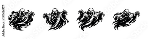 Ghostly spirits in black and white silhouette illustration set for halloween themes