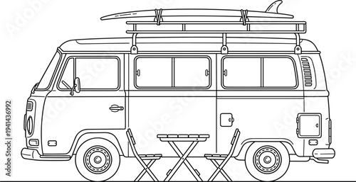Flat vector illustration of camper van with surfboards, outdoor camping scene, travel adventure artwork, leisure design, retro vehicle concept