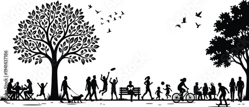 Flat vector illustration of park scene silhouette, people outdoors, walking, cycling, skateboarding, family leisure, community recreation artwork