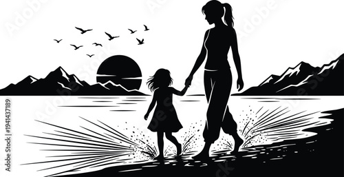 Flat vector illustration of mother and child walking on beach, silhouette design, family bonding artwork, nature scene with sun and birds