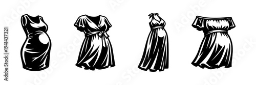 Elegant maternity dress silhouettes set in black and white illustration