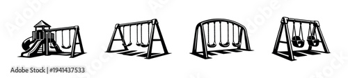 Silhouette vector set of playground equipment swings and slides in black and white