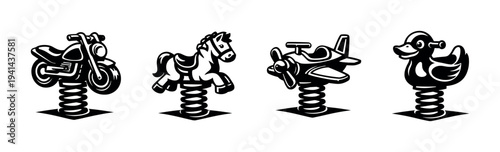 Vector set of playground spring riders motorcycle horse airplane duck silhouette black and white