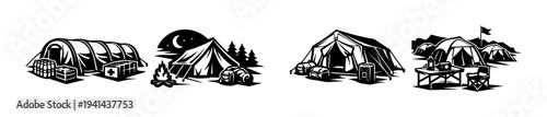 Black and white camping tent silhouette set with camping gear elements