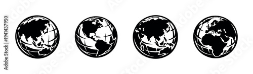 Black and white globe silhouette set showing different world perspectives