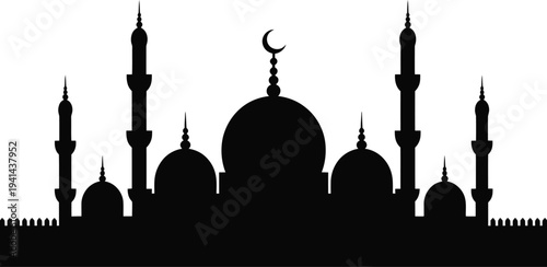 Islamic mosque silhouette with domes and minarets on white