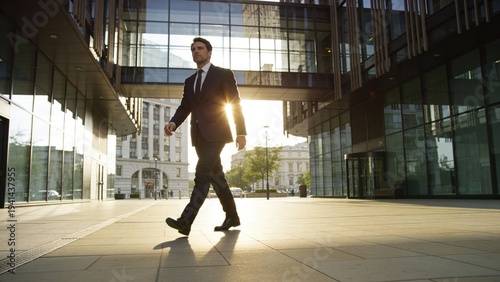 Businessman walking near modern office building. Professional man in suit going to work in city center. Concept of career, success, corporate management and urban lifestyle at sunrise.