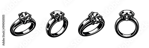 Set of four diamond engagement rings black and white vector illustration