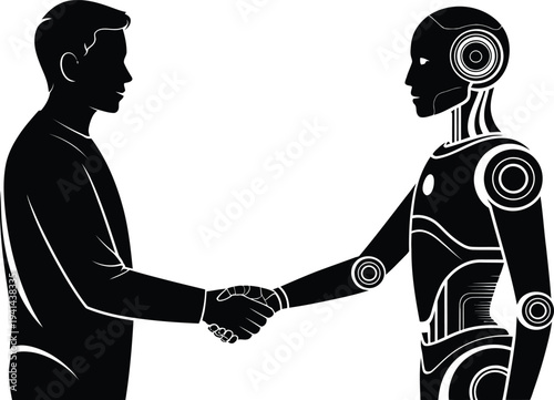 Man and robot shaking hands silhouette on white background Keywords: man, robot, handshake