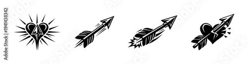 Set of black and white heart and arrow tattoos in various styles