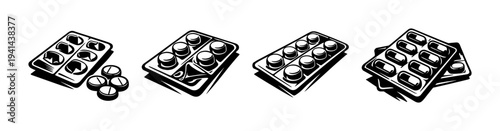 Black and white vector illustration of medicine blister packs silhouette style
