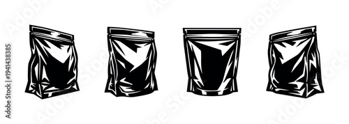 Set of four black and white ziplock packaging bags vector illustration