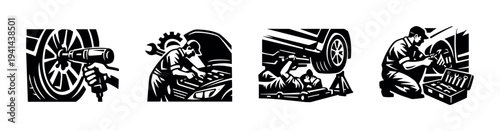 Black and white automotive repair illustrations with mechanics and tools