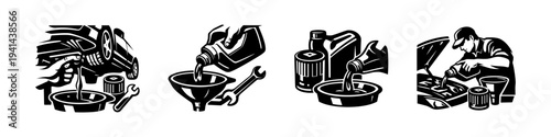 Vector silhouette set of automotive oil change with tools and mechanic in black and white