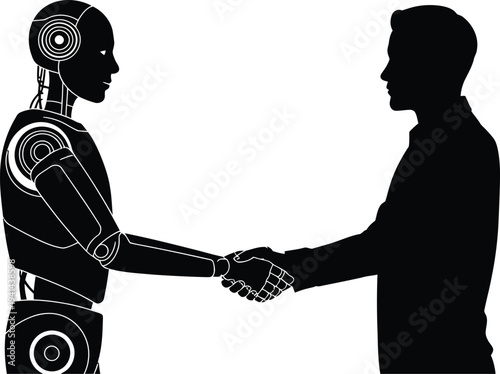 Robot and human shaking hands silhouette on white background Keywords: robot, human, handshake