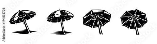 Black and white vector set of beach umbrellas silhouette illustration
