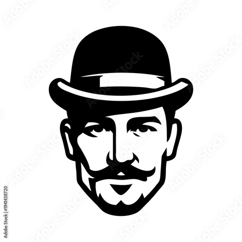 Logo moda de caballero. Icono con dibujo de un hombre con bigote y sombrero bombín 