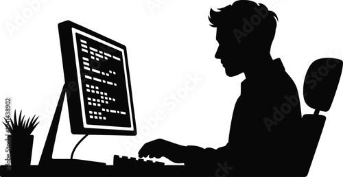 Silhouette of a man coding on a computer at a desk