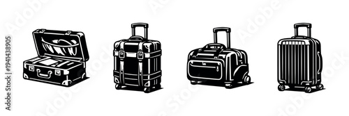 Black and white vector illustrations of various suitcase types for travel and luggage design