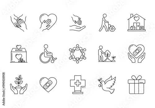 Charity and Helping Hands Line Icons Set – Compassion, Donation and Community Support Outline Vector Collection