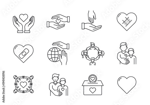Charity and Helping Hands Line Icons Set – Compassion, Donation and Community Support Outline Vector Collection